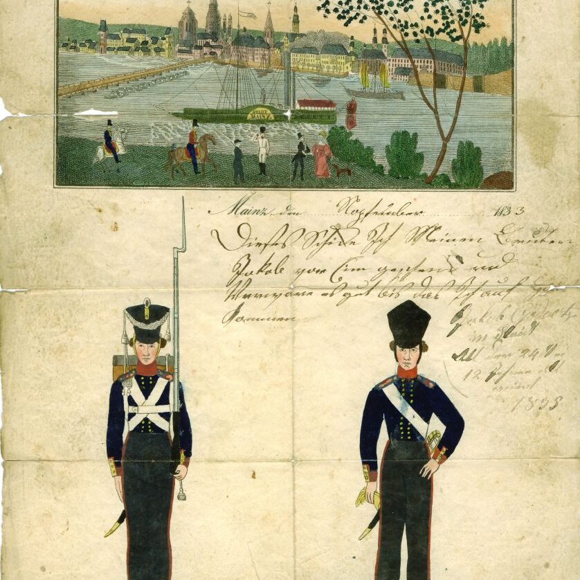 Sehr schöne Motivpostkarte eines älteren Bruders von Jakob Göddertz aus der Garnison in Mainz, 1835